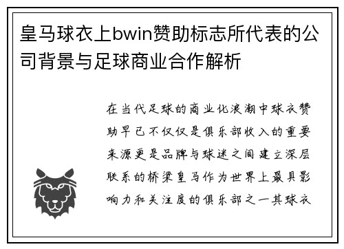 皇马球衣上bwin赞助标志所代表的公司背景与足球商业合作解析